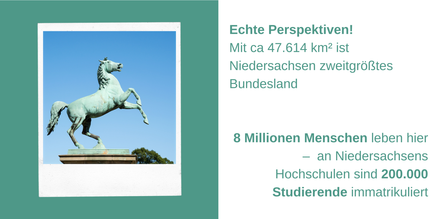 Statue des Niedersachsenross', dazu der Text: Echte Perspektiven! Mit ca. 47.614 km² ist Niedersachsen zweitgrößtes Bundesland. 8 Millionen Menschen leben hier – an Niedersachsens Hochschulen sind 200.000 Studierende immatrikuliert 