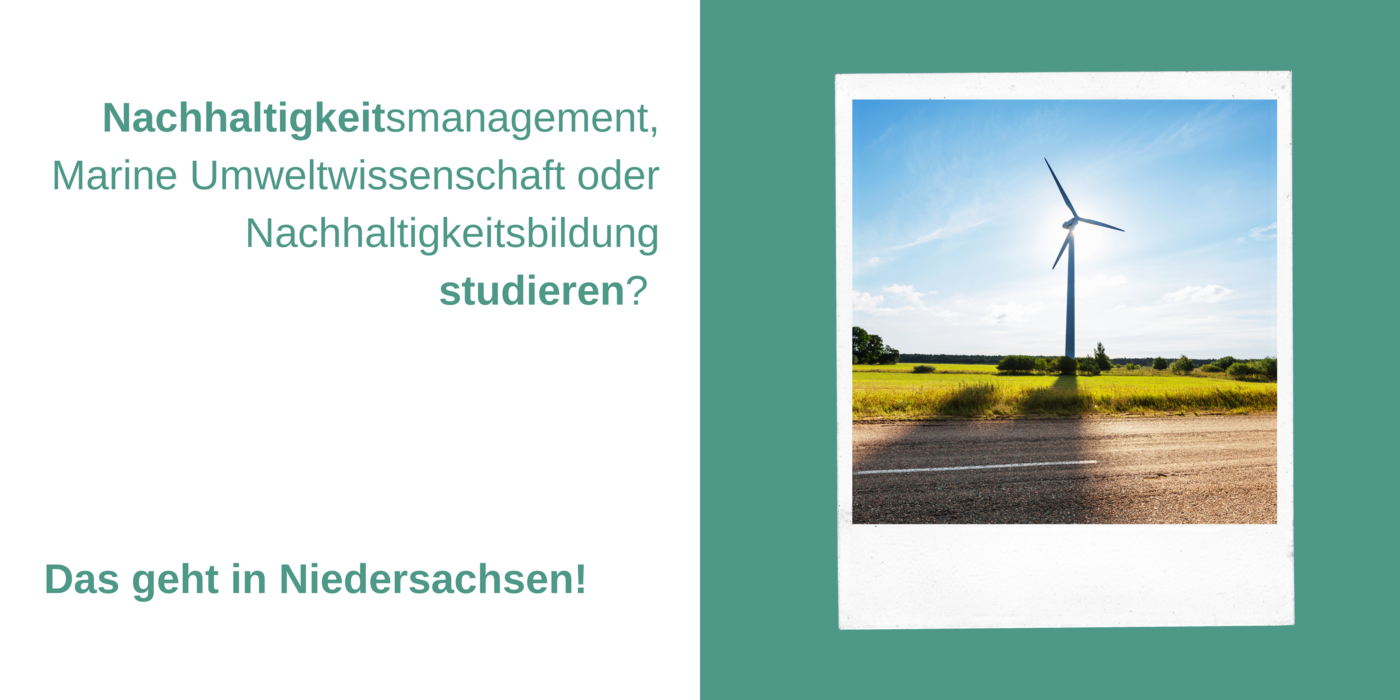 Windrad vor blauem Himmel, dazu der Text: Nachhaltigkeitsmanagement, Marine Umweltwissenschaft oder Nachhaltigkeitsbildung studieren? Das geht in Niedersachsen!